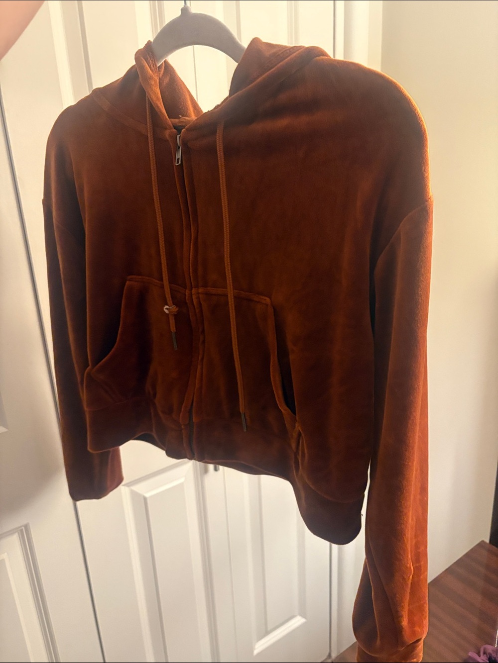 Women's Zip-Up Velvet Hoodie Jacket - Rust